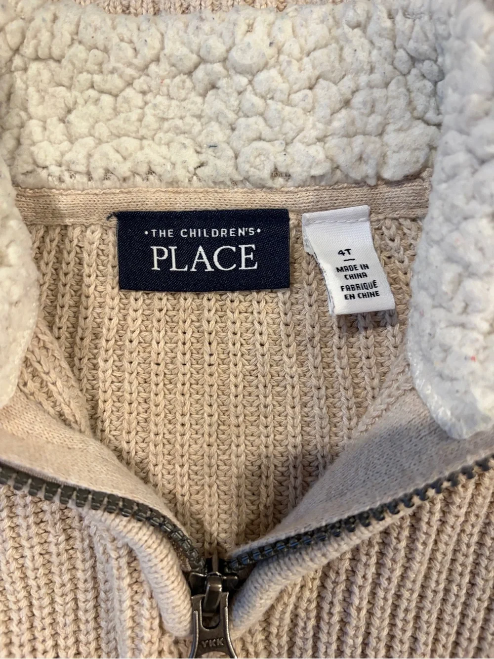 The Children's Place Size XS 4 Beige Sherpa Lined Mock Neck 1/4 Zip Knit Sweater